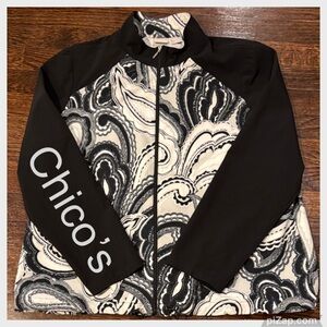 Chico’s Black, White, Gray Patterned Zip Zenergy Jacket ~ Sz L (Chico’s 2)